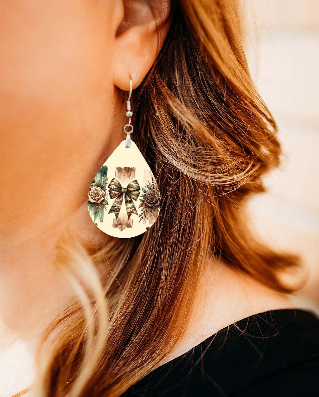 Camo Bow Teardrop Earrings – Lightweight MDF Wood Rustic Camouflage Design