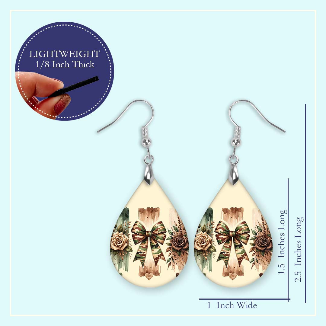Camo Bow Teardrop Earrings – Lightweight MDF Wood Rustic Camouflage Design