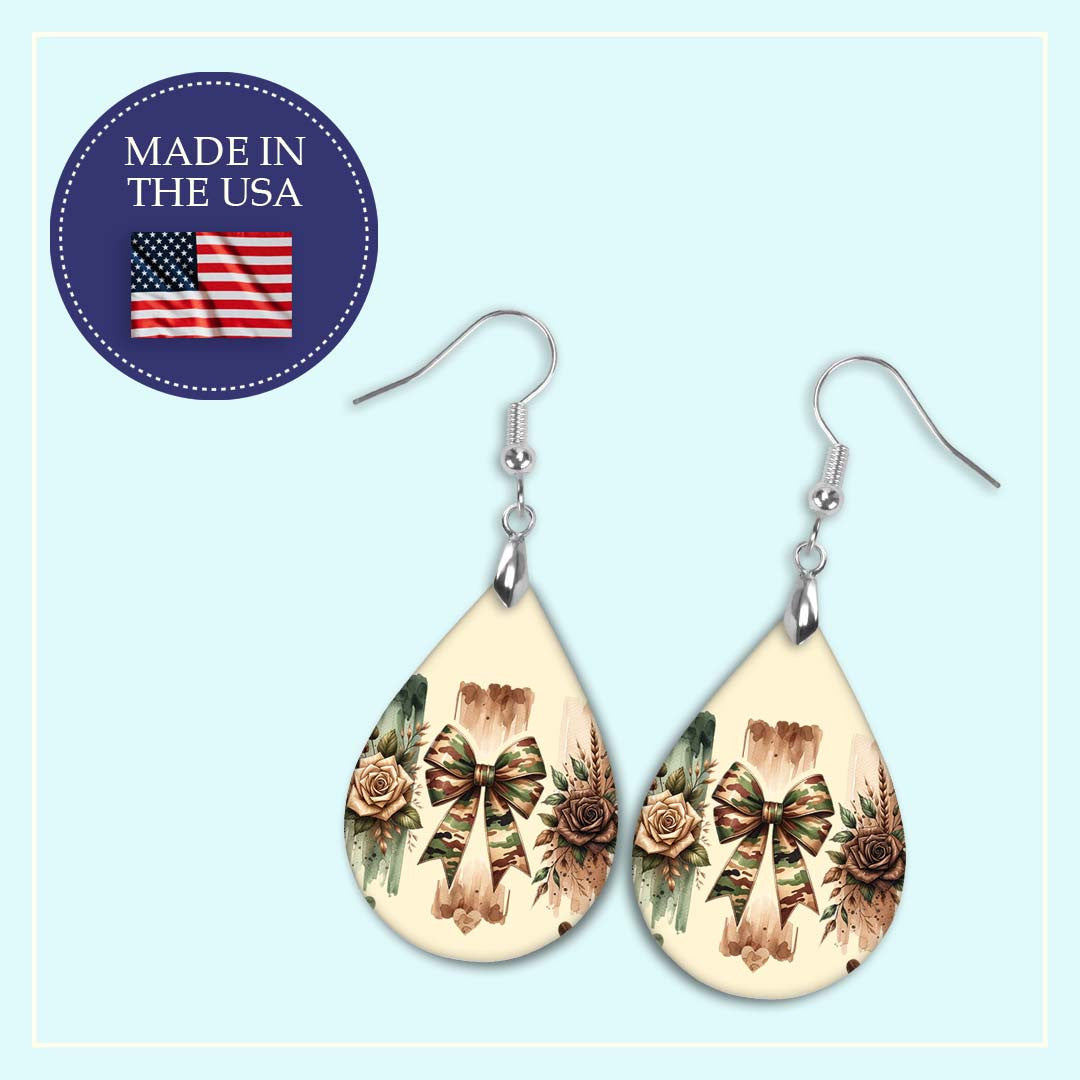 Camo Bow Teardrop Earrings – Lightweight MDF Wood Rustic Camouflage Design