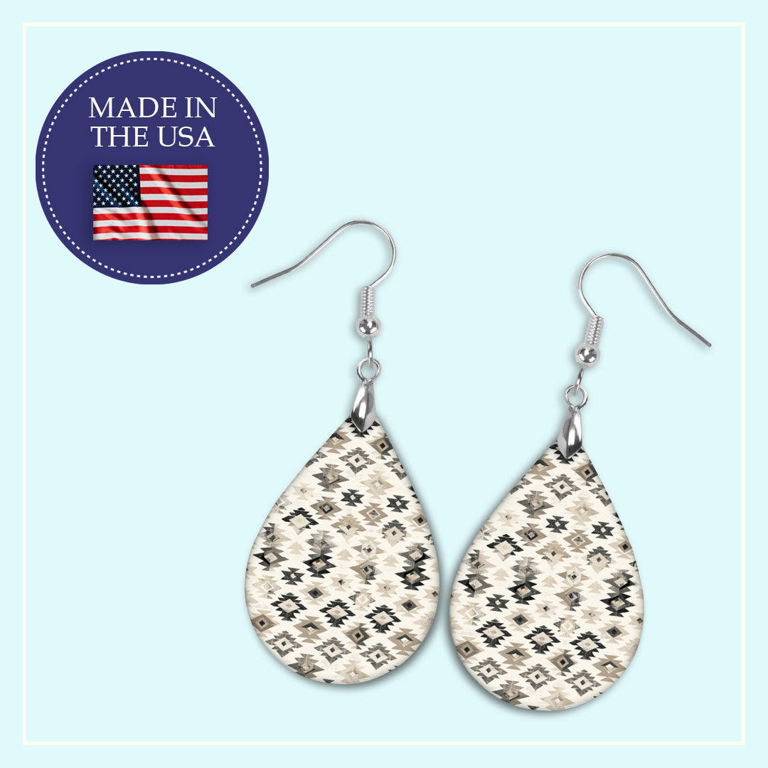 Black and Beige Aztec Teardrop Earrings – Neutral Pattern