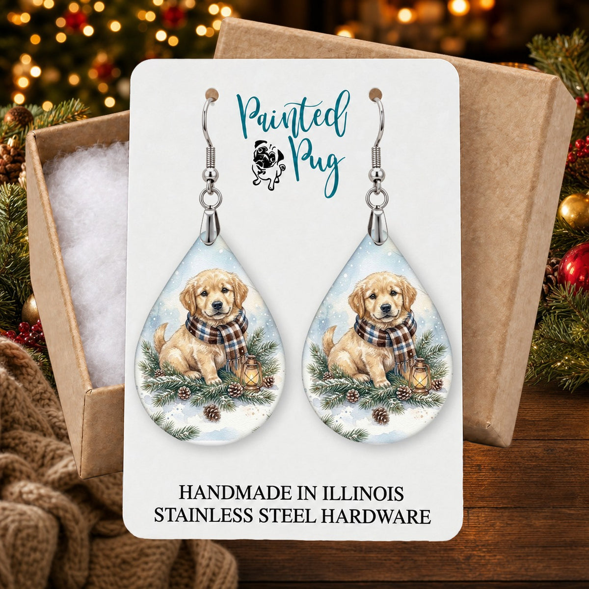 Golden Retriever Winter Woodland earrings in a gift box on a Christmas table