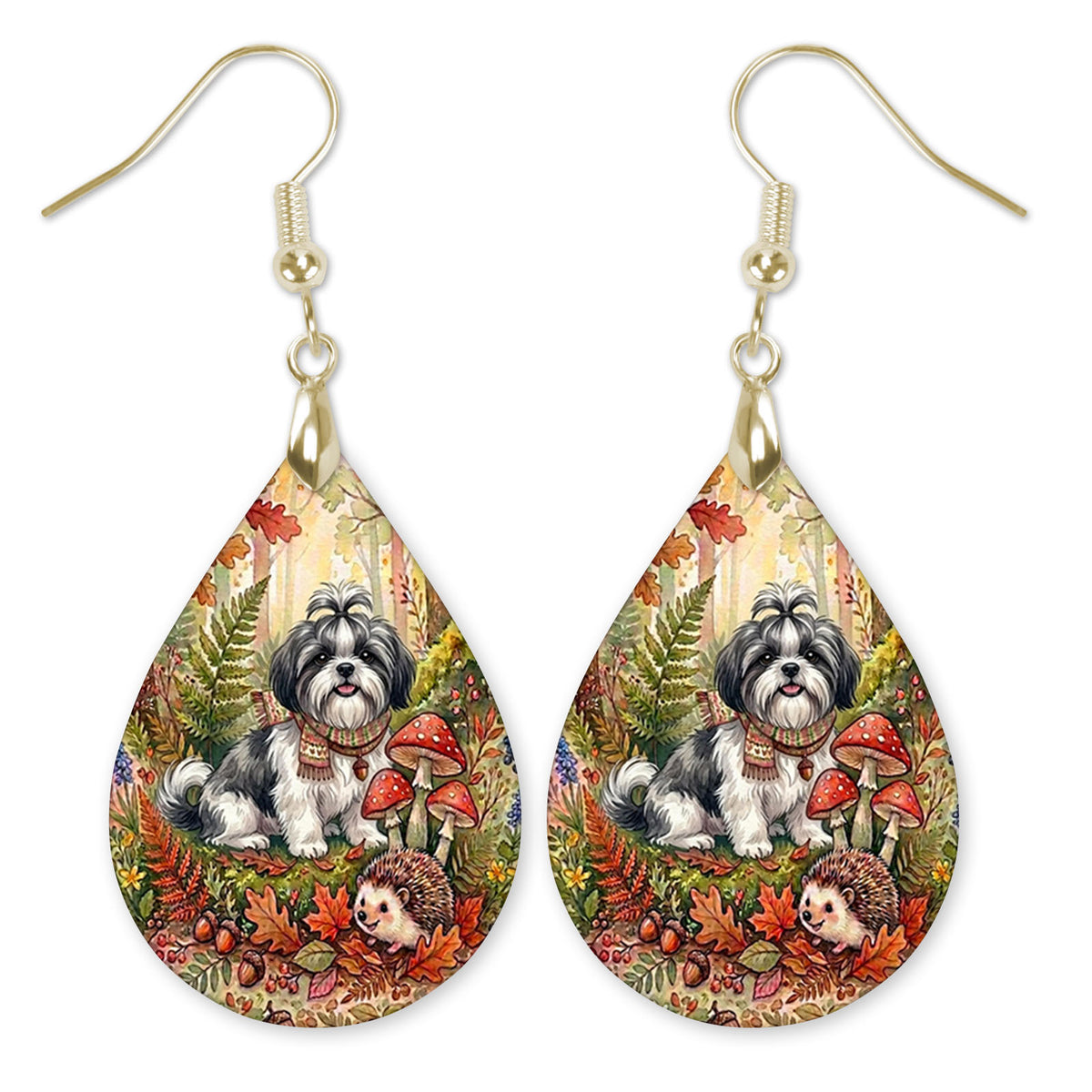 Black and White Shih Tzu in an autumn woodland teardrop earrings with gold-tone hooks