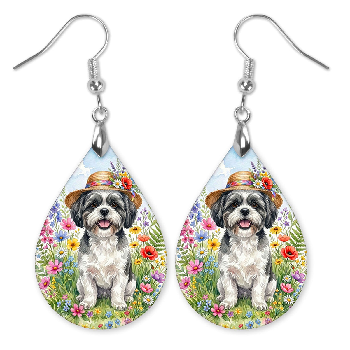 Black and White Shih Tzu in a straw hat in a wildflower field teardrop earrings with silver-tone hooks
