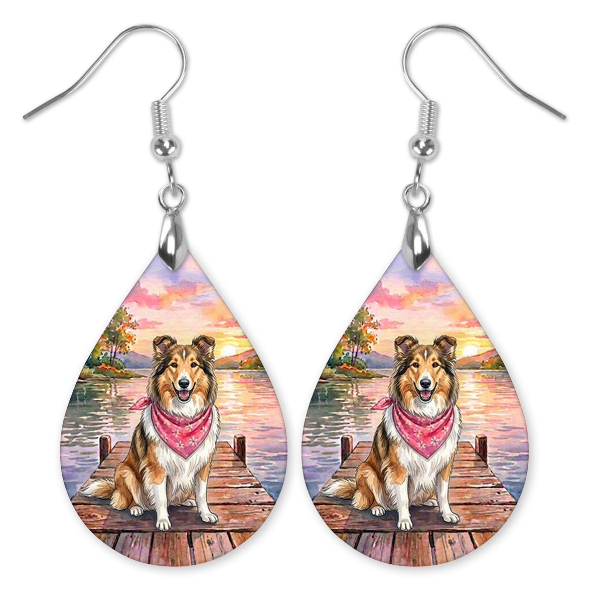 Collie on a dock at a lake sunset teardrop earrings with silver-tone hooks