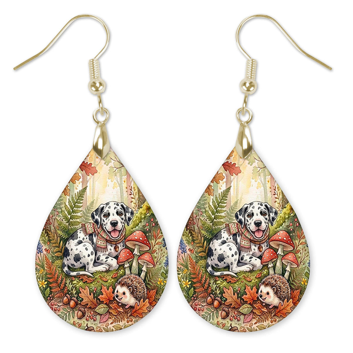 Harlequin Great Dane in an autumn woodland teardrop earrings with gold-tone hooks