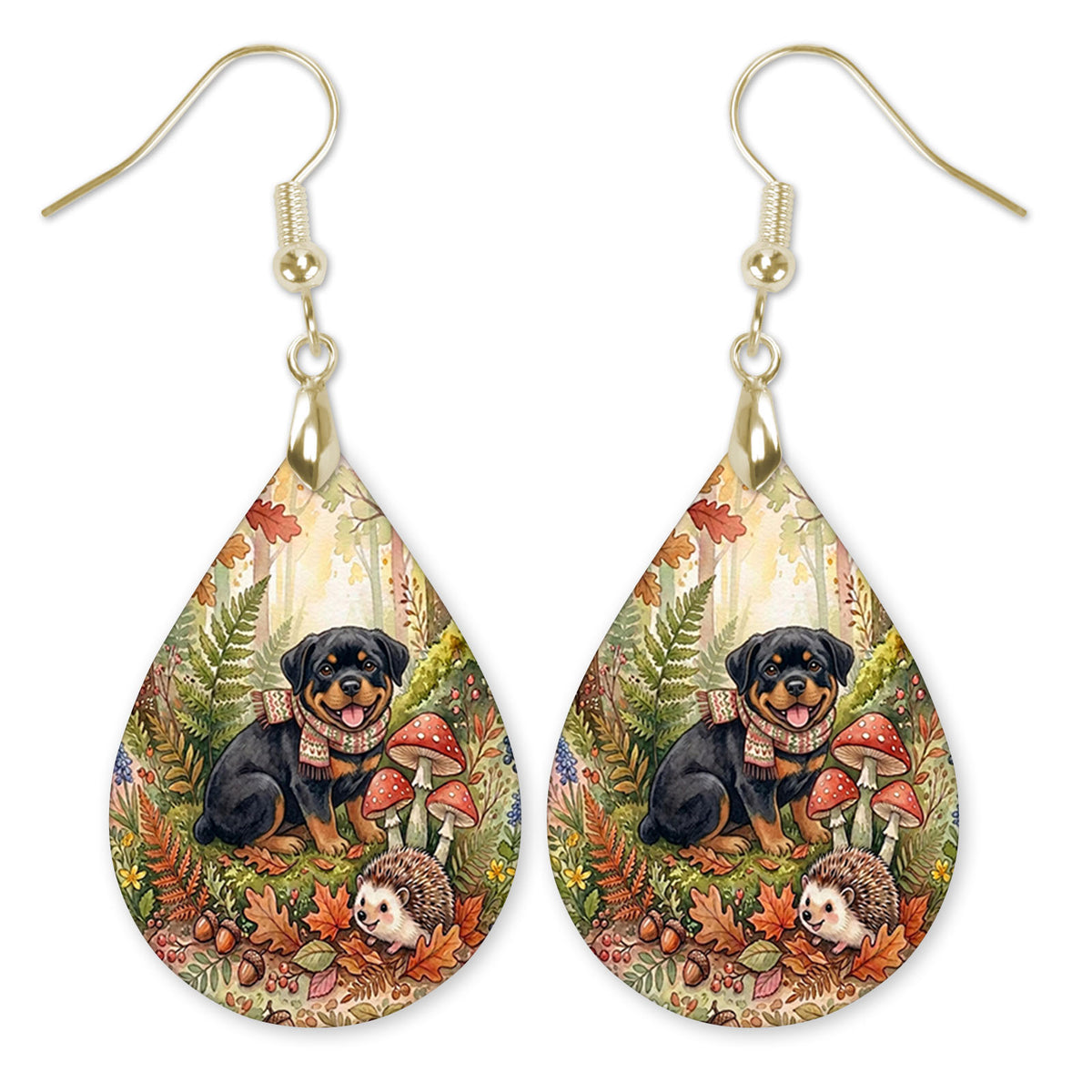 Rottweiler in an autumn woodland teardrop earrings with gold-tone hooks