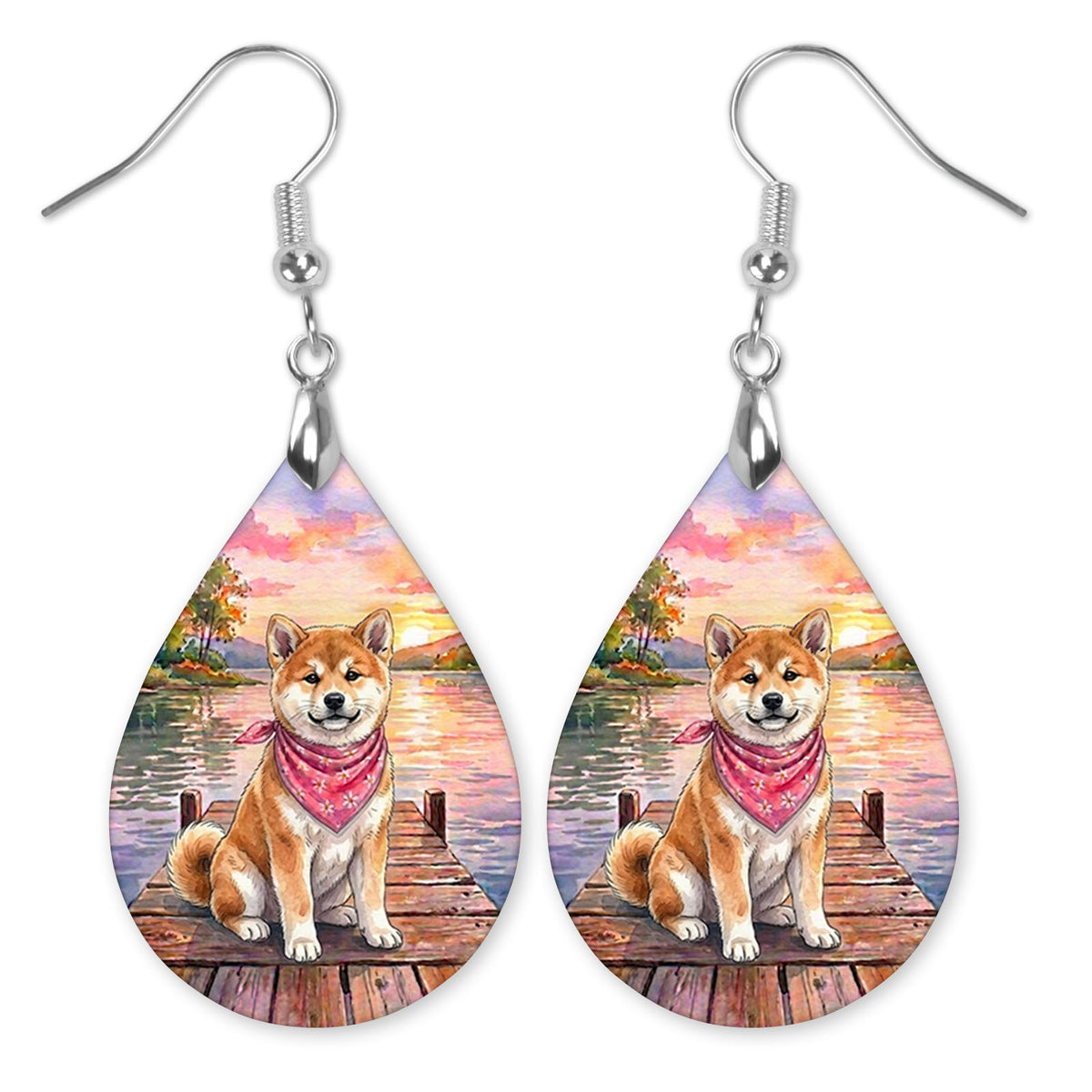 Akita on a dock at a lake sunset teardrop earrings with silver-tone hooks