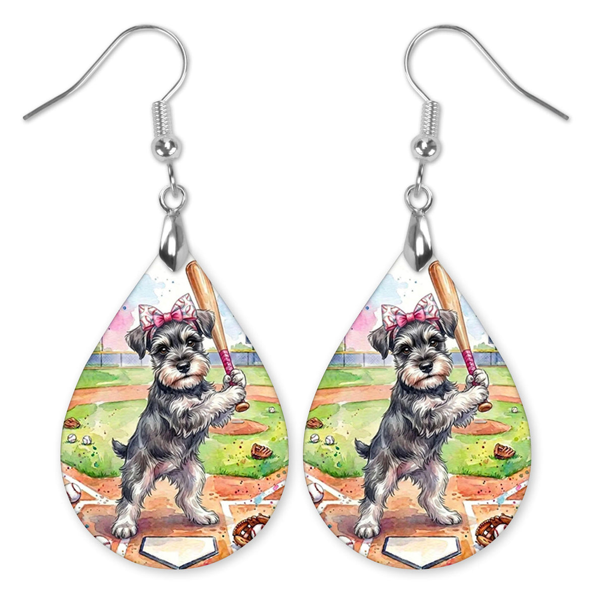 Schnauzer swinging a bat at home plate teardrop earrings with silver-tone hooks