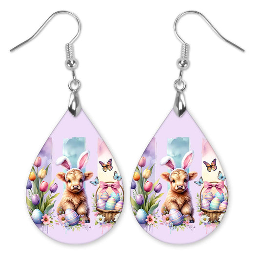 Easter Cow Teardrop Earrings Purple – Cute Highland Calf Spring Jewelry Handmade