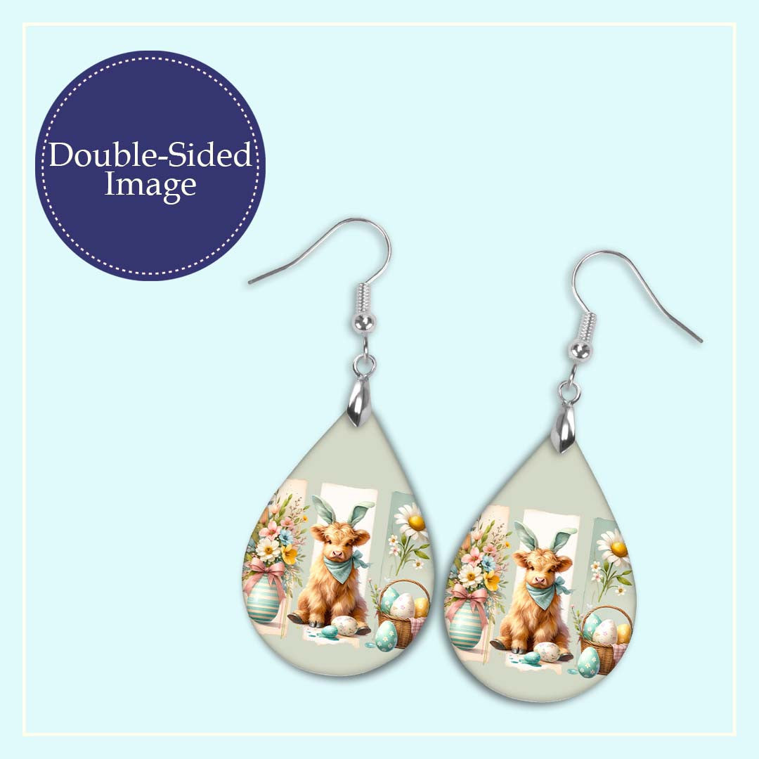 Easter Cow Teardrop Earrings – Cute Highland Calf Spring Jewelry Handmade