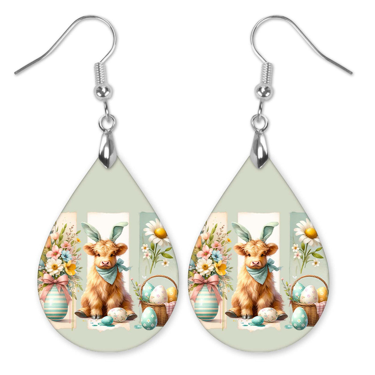 Easter Cow Teardrop Earrings – Cute Highland Calf Spring Jewelry Handmade