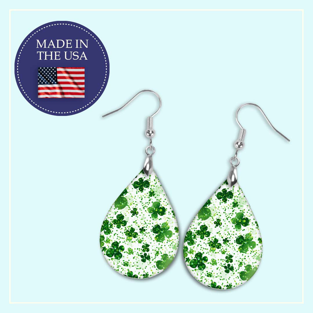 Shamrock Earrings Green White Wood St Patrick's Day Teardrop Earrings