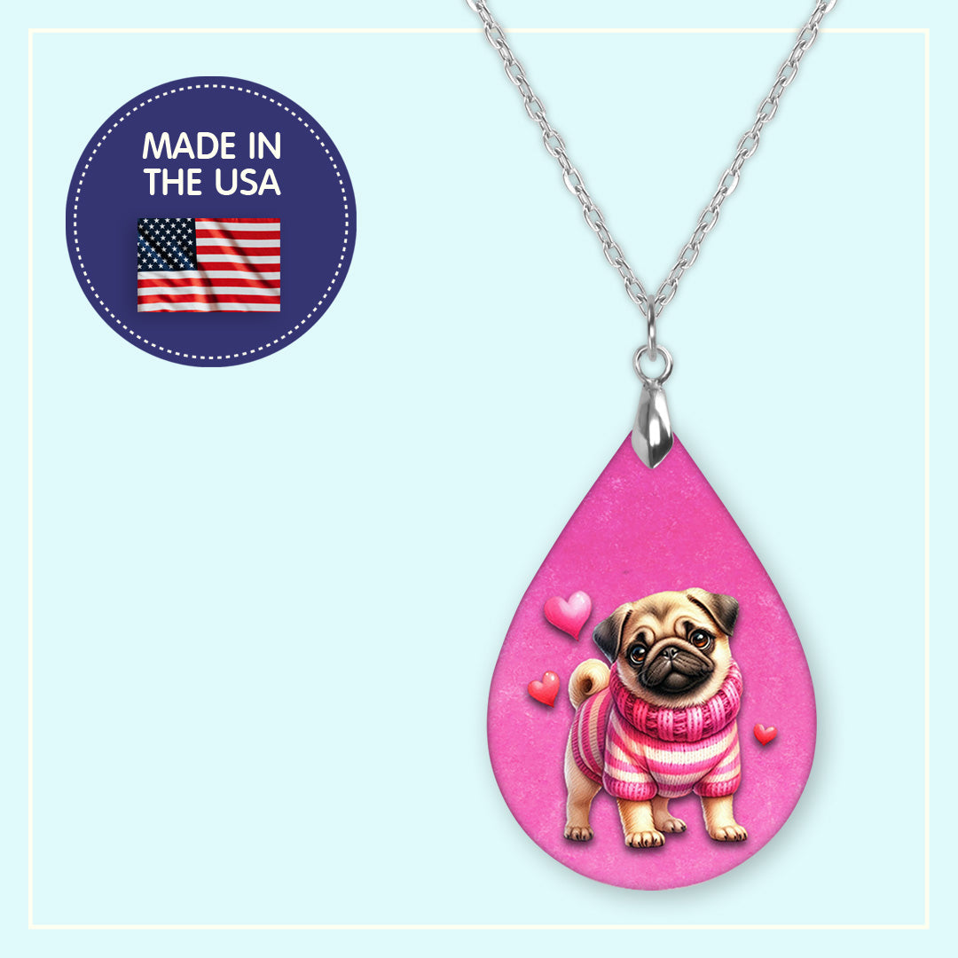 Valentine Pug Teardrop Necklace – Pink Pug Valentine Pendant Necklace