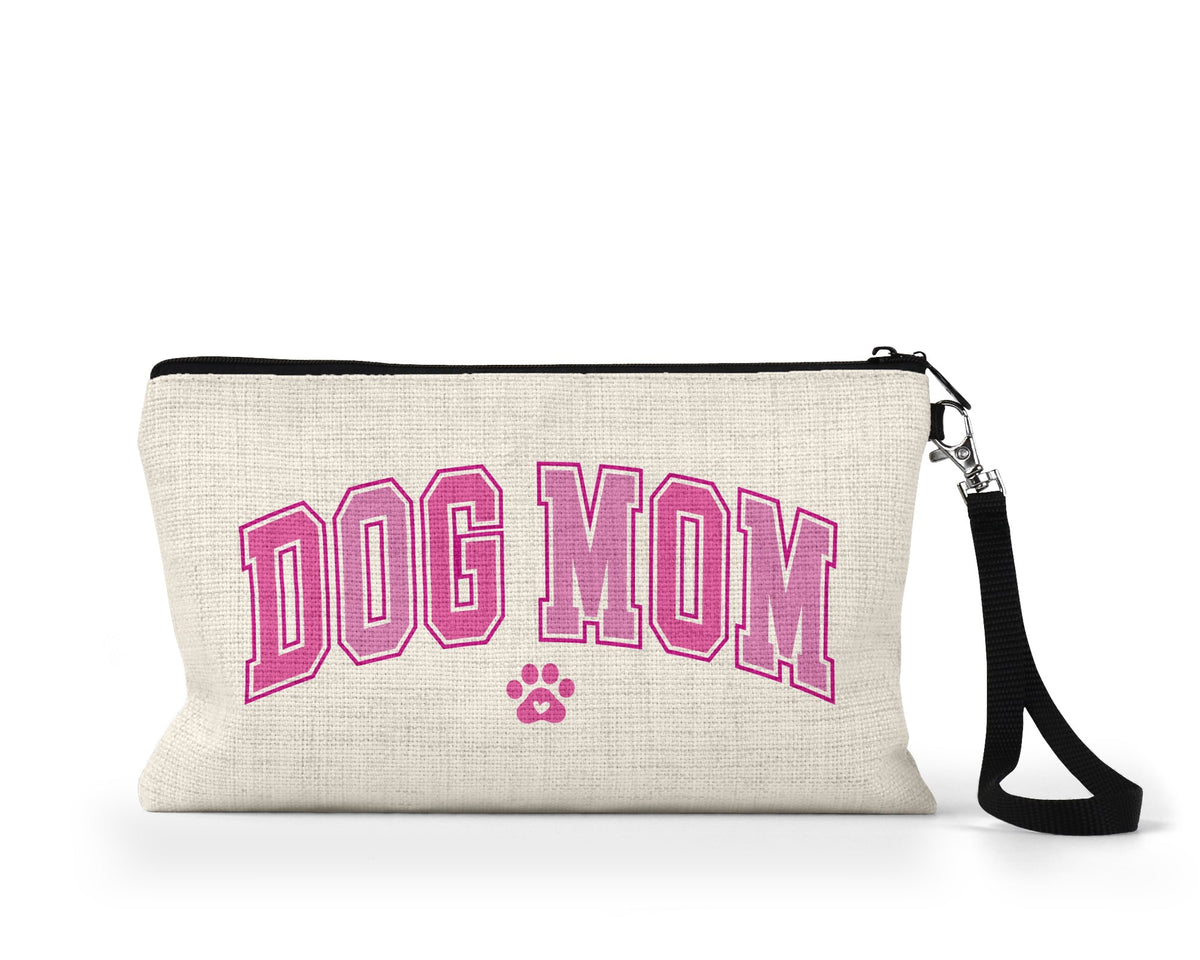 Dog Mom varsity Makeup Bag front view on a white background