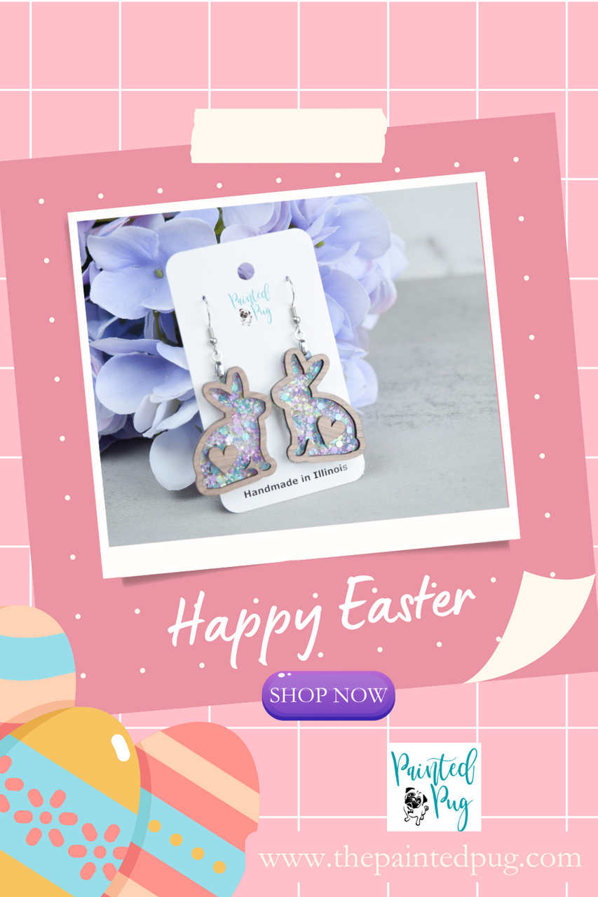 Easter Earrings for Women Purple Glitter Acrylic with Walnut Wood