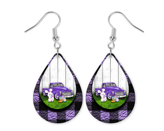 Purple Easter Bunny Pickup Truck Teardrop Earrings