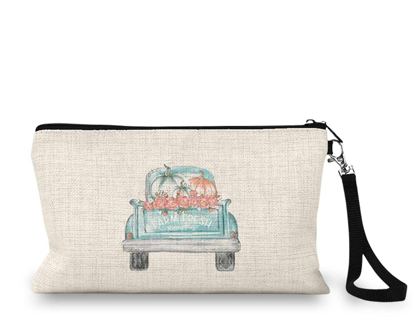 Aqua farm truck pumpkins Makeup Bag front view on a white background