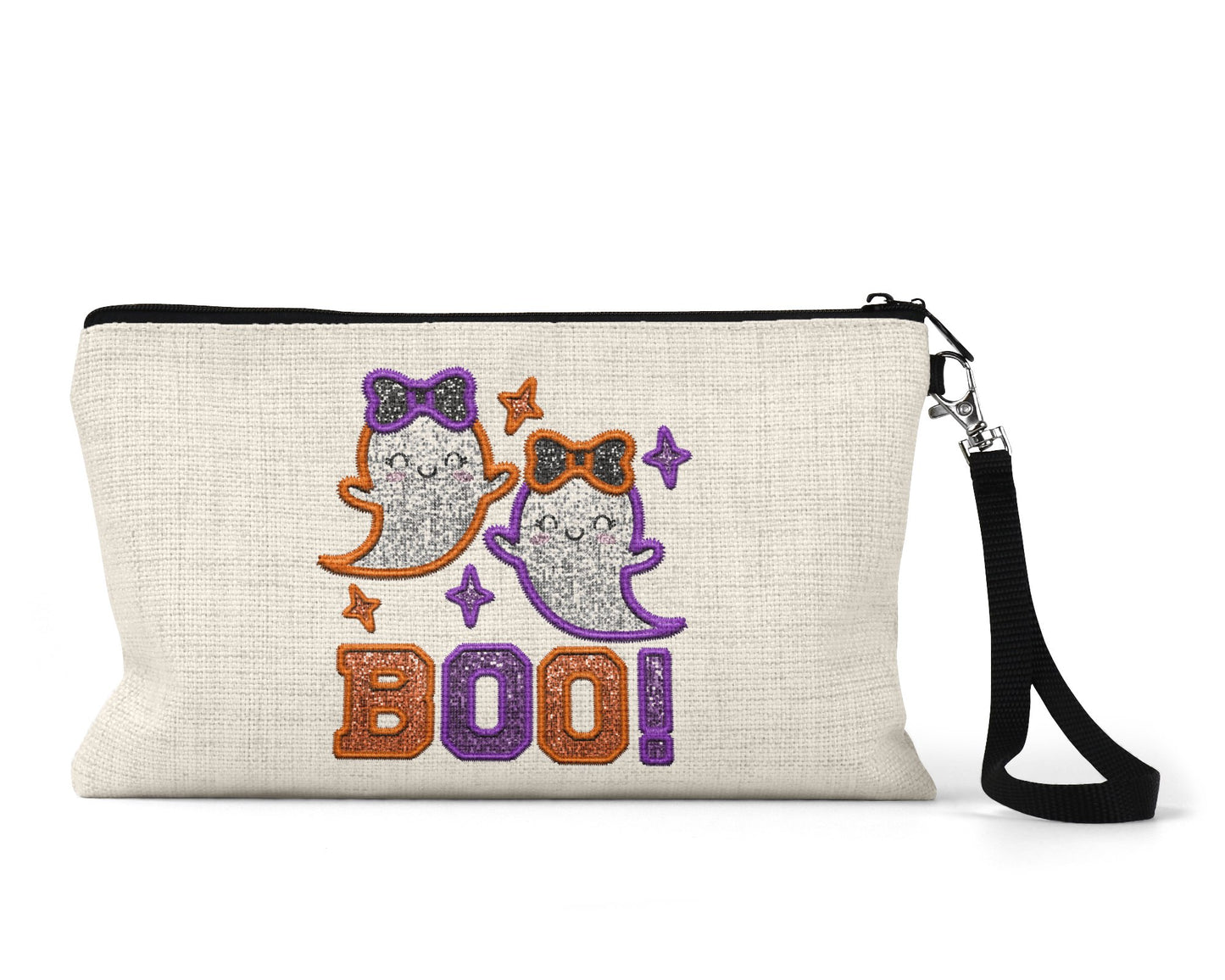 Boo orange and purple glitter ghosts Makeup Bag front view on a white background