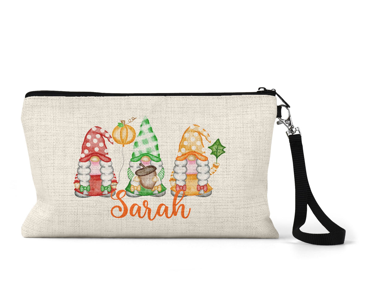 Personalized fall gnomes Makeup Bag front view on a white background