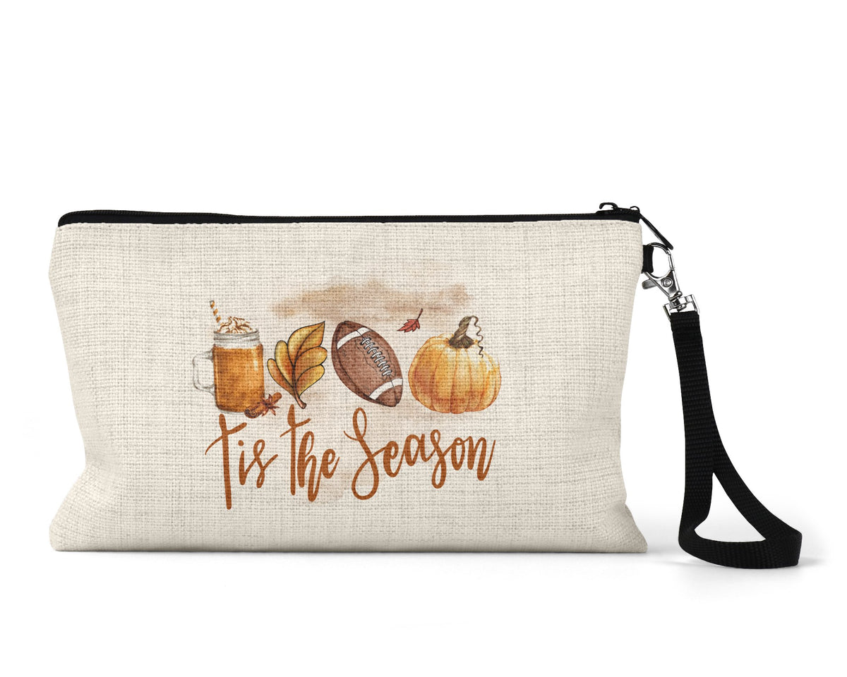 Tis the Season watercolor latte and football Makeup Bag front view on a white background