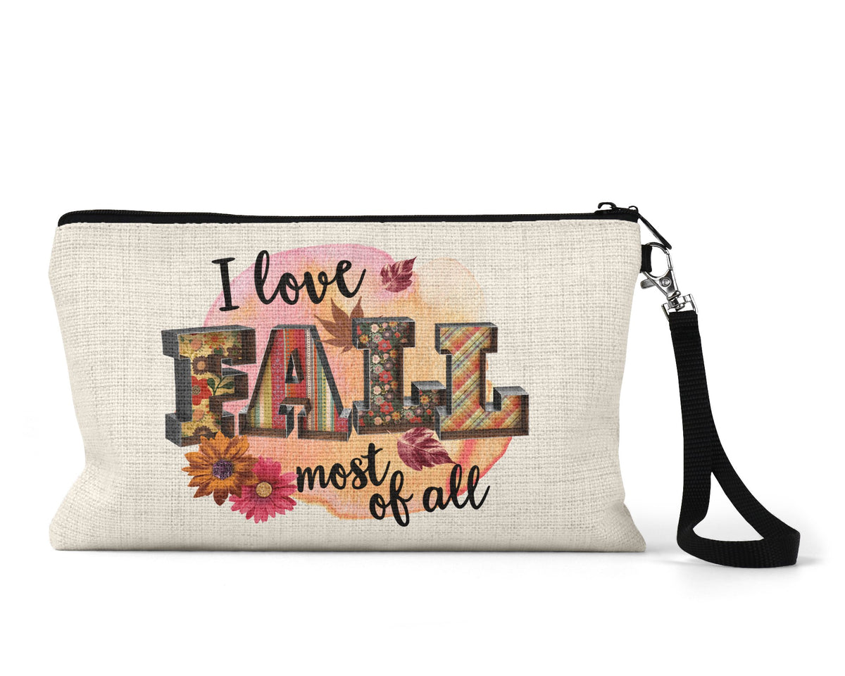 I Love Fall Most of All Makeup Bag front view on a white background