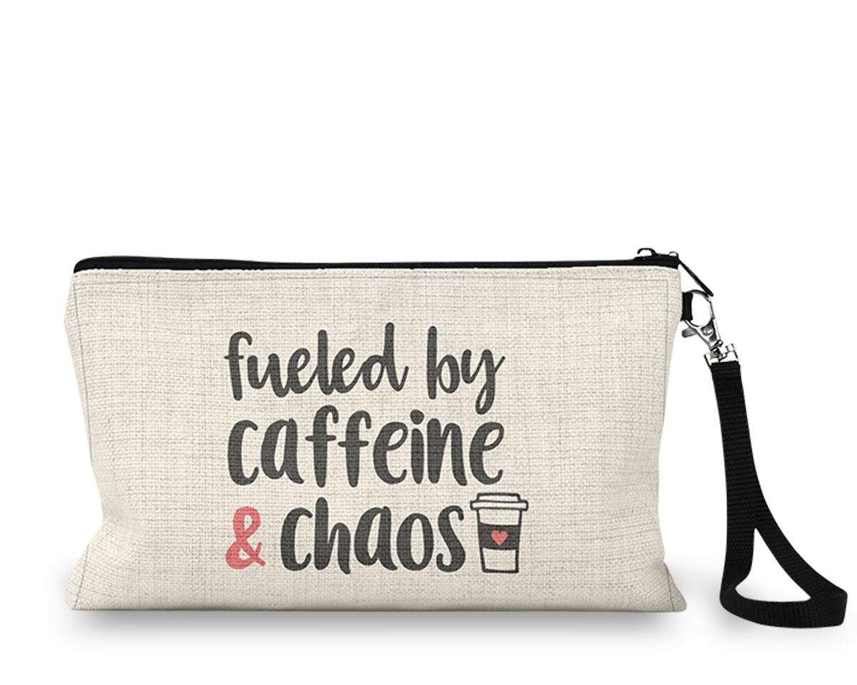 Fueled by Caffeine and Chaos Makeup Bag front view on a white background