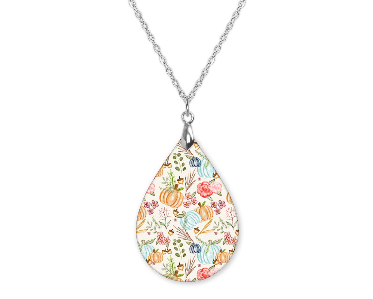 Fall Pumpkin Floral Teardrop Shape Necklace