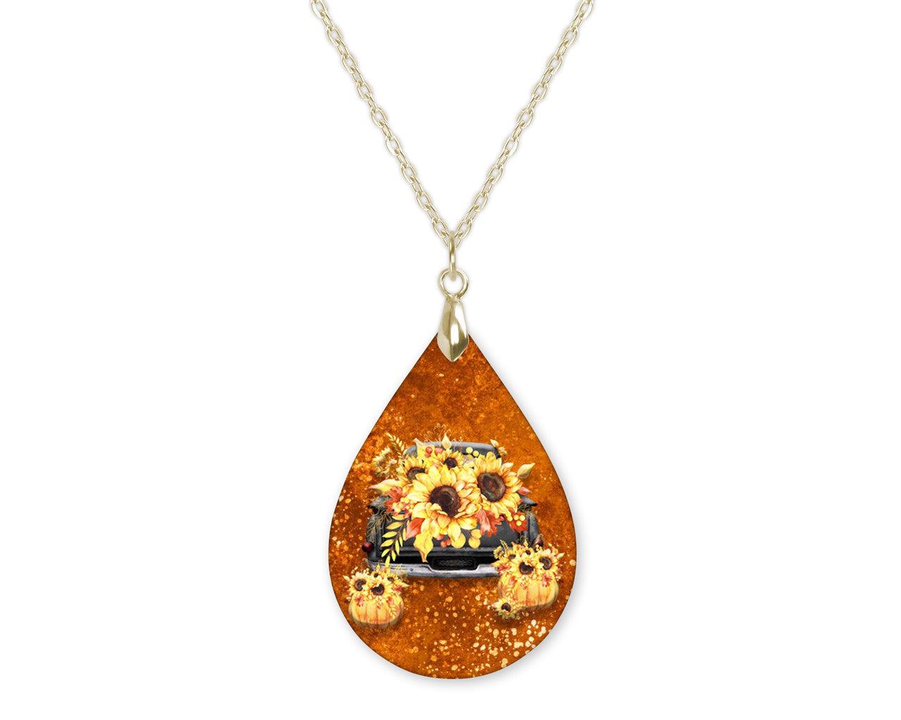 Fall Sunflower Truck Teardrop Shape Necklace