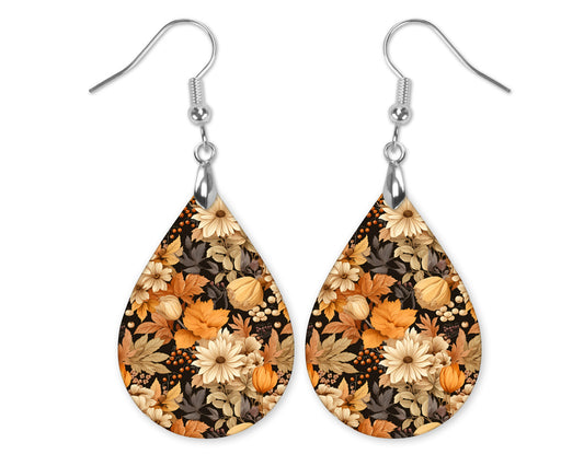 Fall Floral Black Orange Dangle Teardrop Earrings