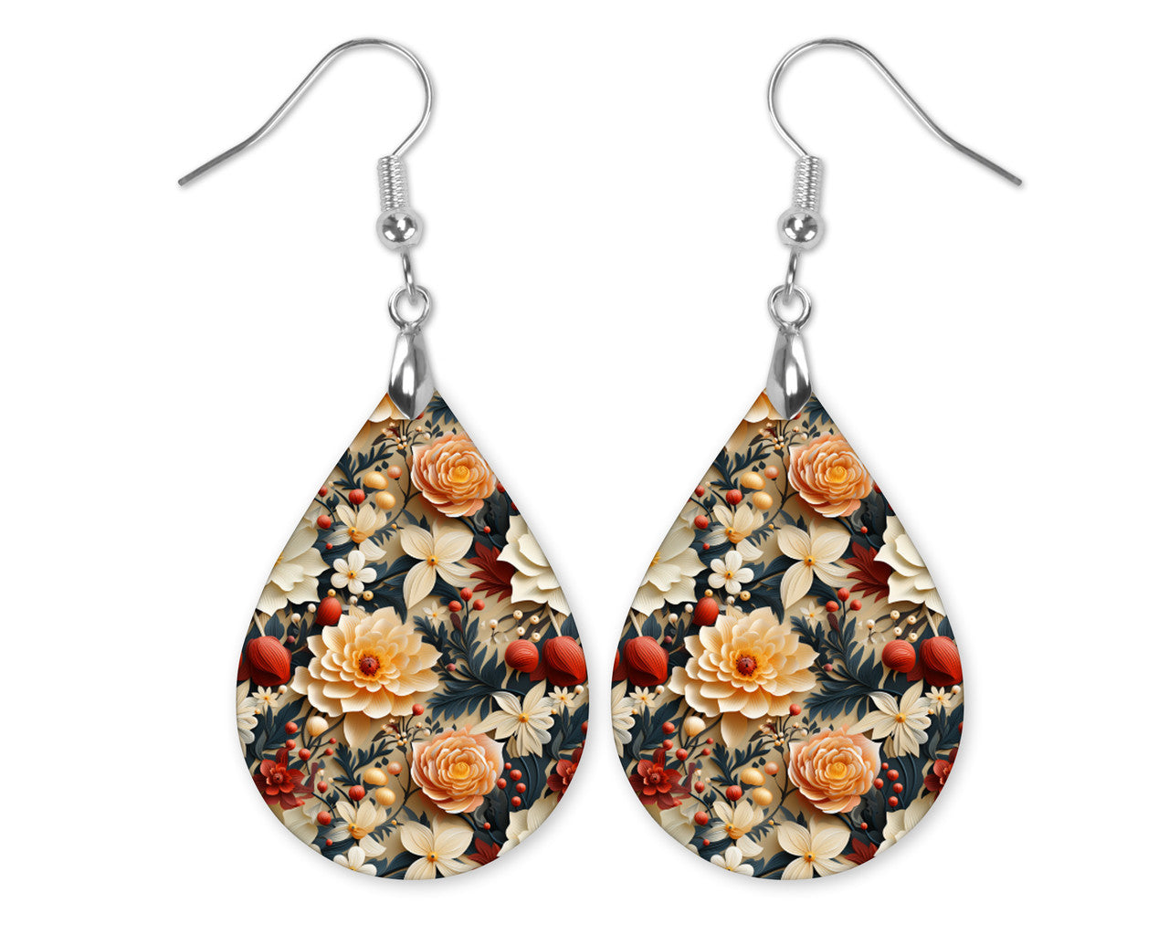 Fall Floral Dahlia Dangle Teardrop Earrings