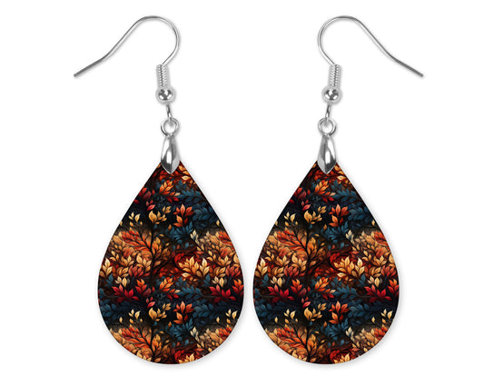 Fall Leaves Blue Orange Dangle Teardrop Earrings