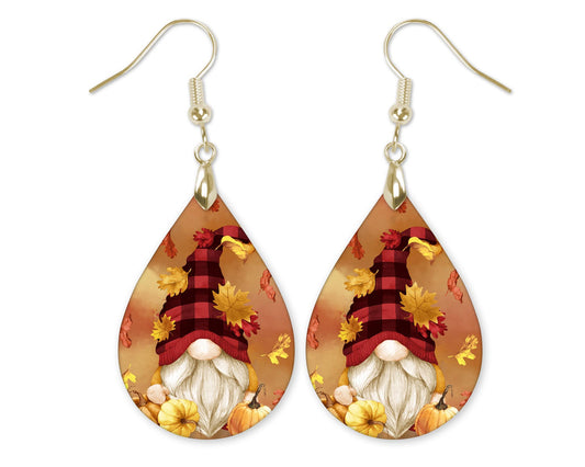 Fall Gnome Golden Leaves Teardrop Earrings