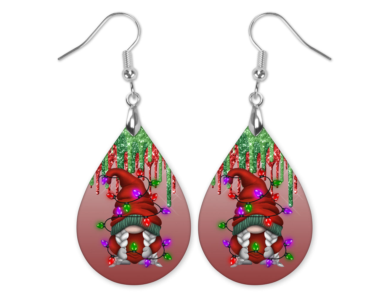 Gnome Christmas Light Earrings - Festive Holiday Teardrop Christmas Earrings