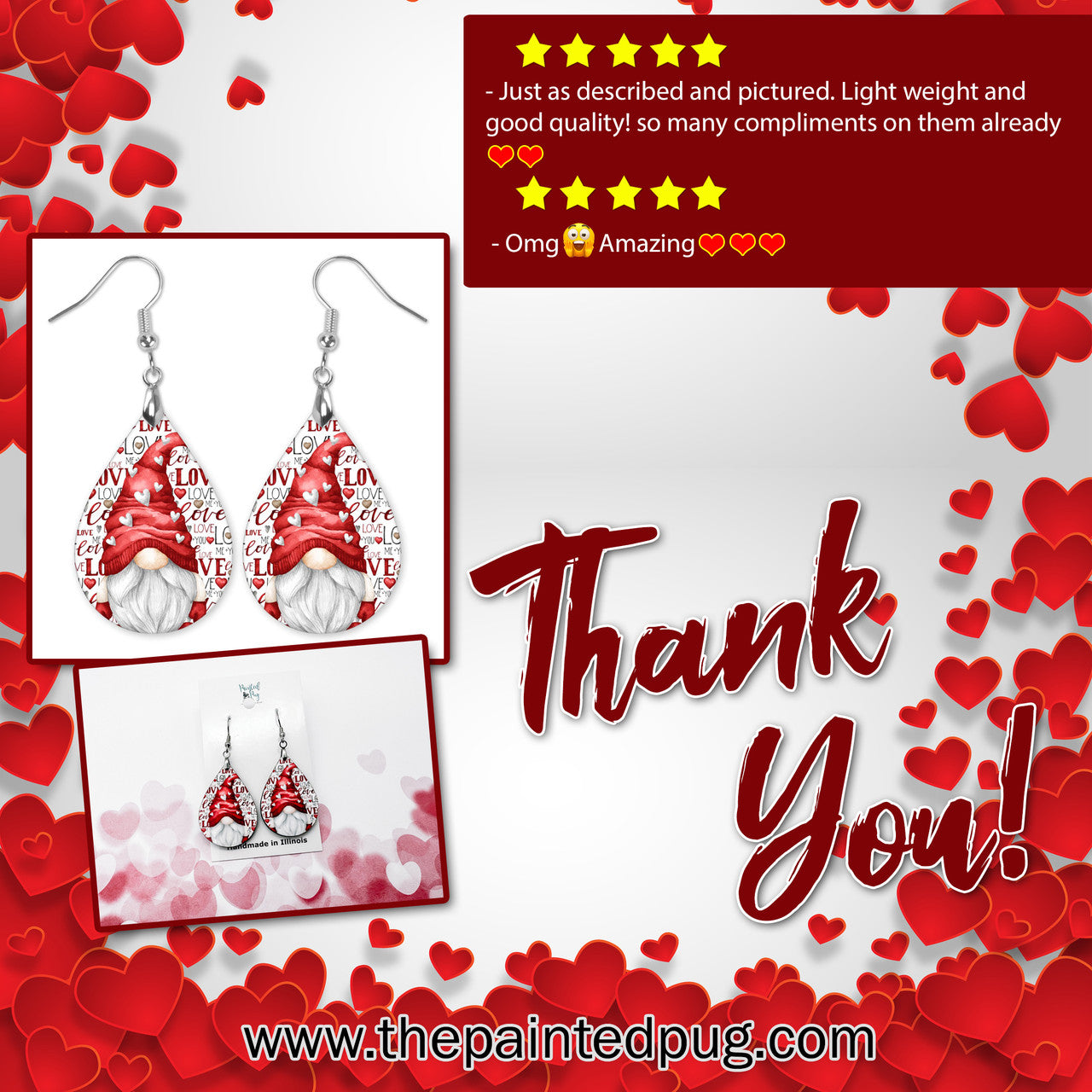 Valentine's Day Gnome Teardrop Earrings