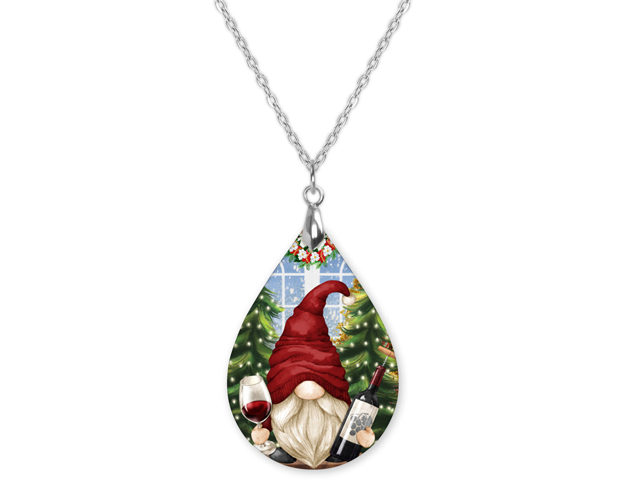 Gnome Christmas Wine Teardrop Shape Necklace