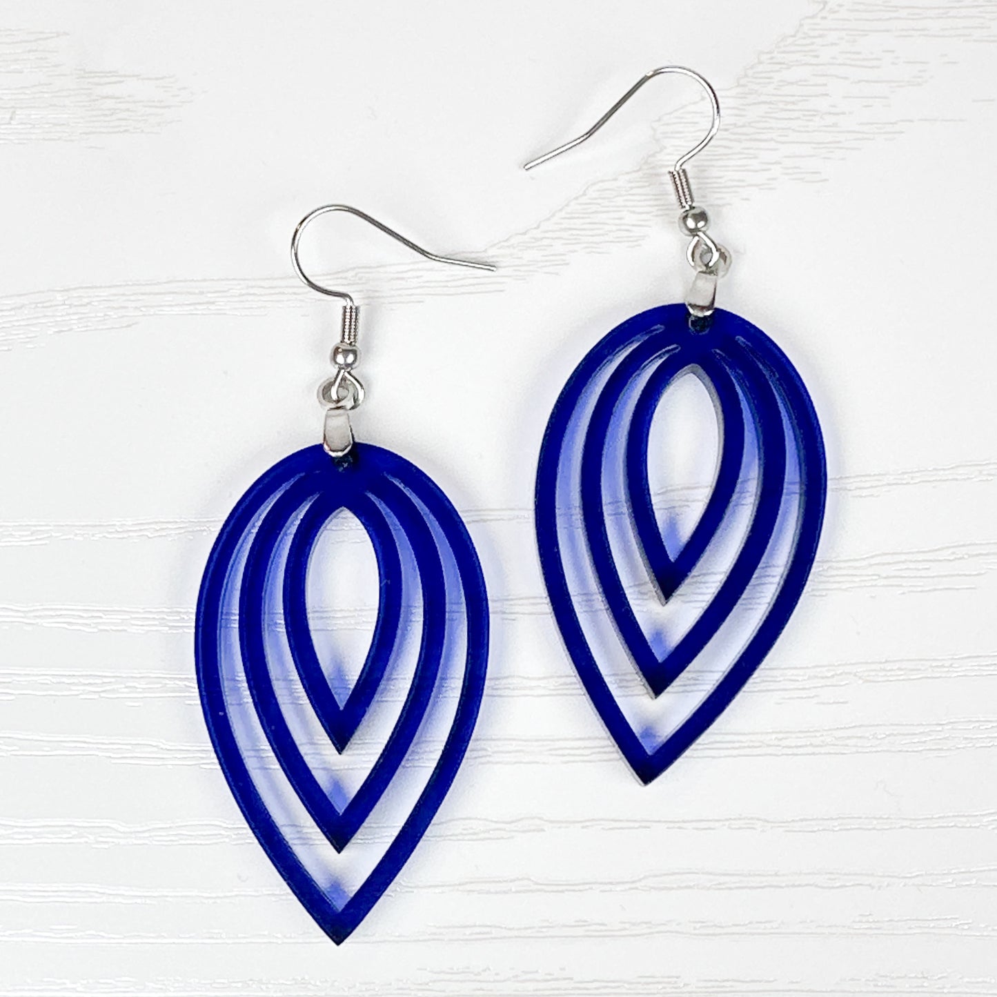 Navy Blue Layered Leaf Statement Earrings – Transparent Acrylic Dangles