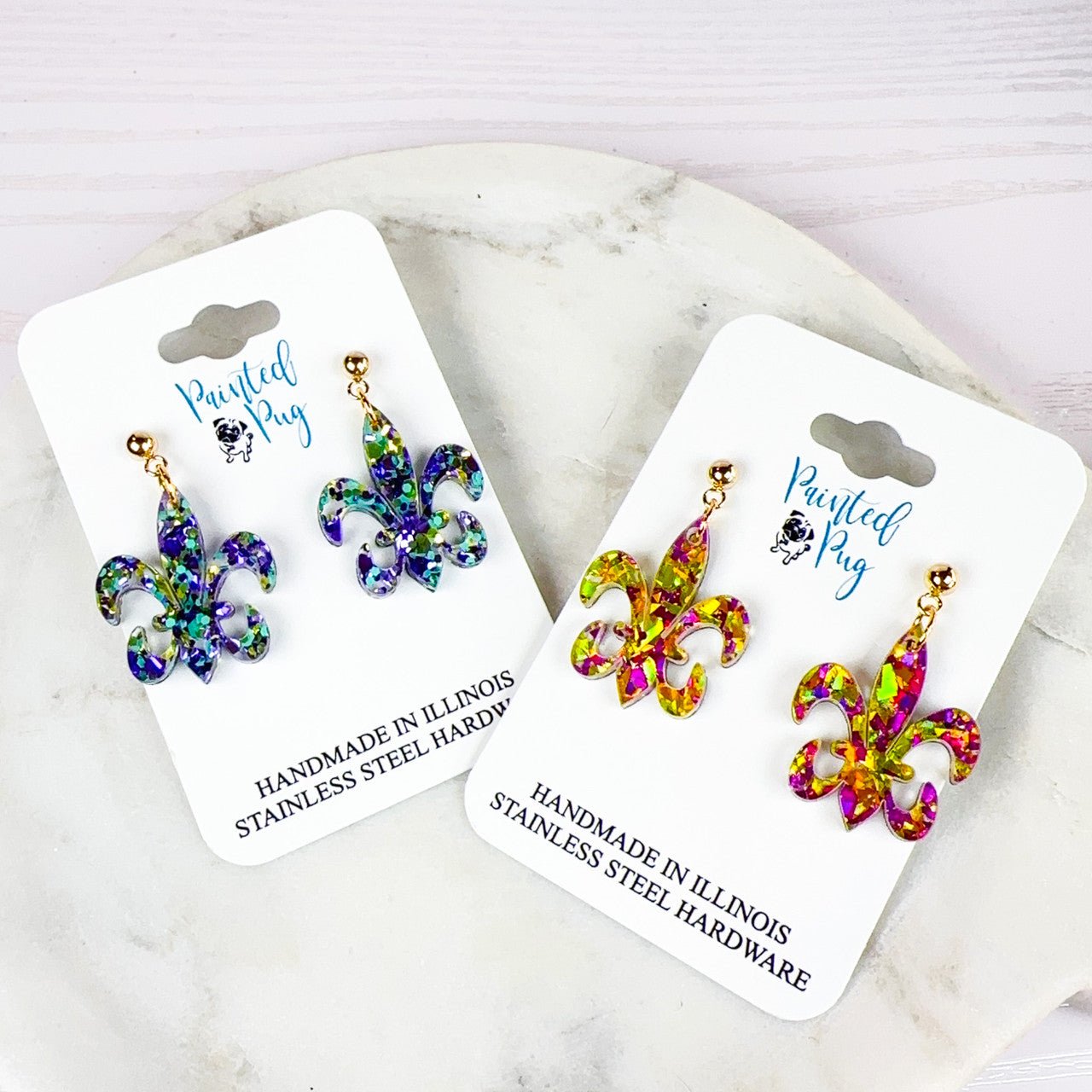 Glitter Purple & Green Acrylic Mardi Gras Fleur de Lis Earrings - Handmade, Stainless Steel Posts
