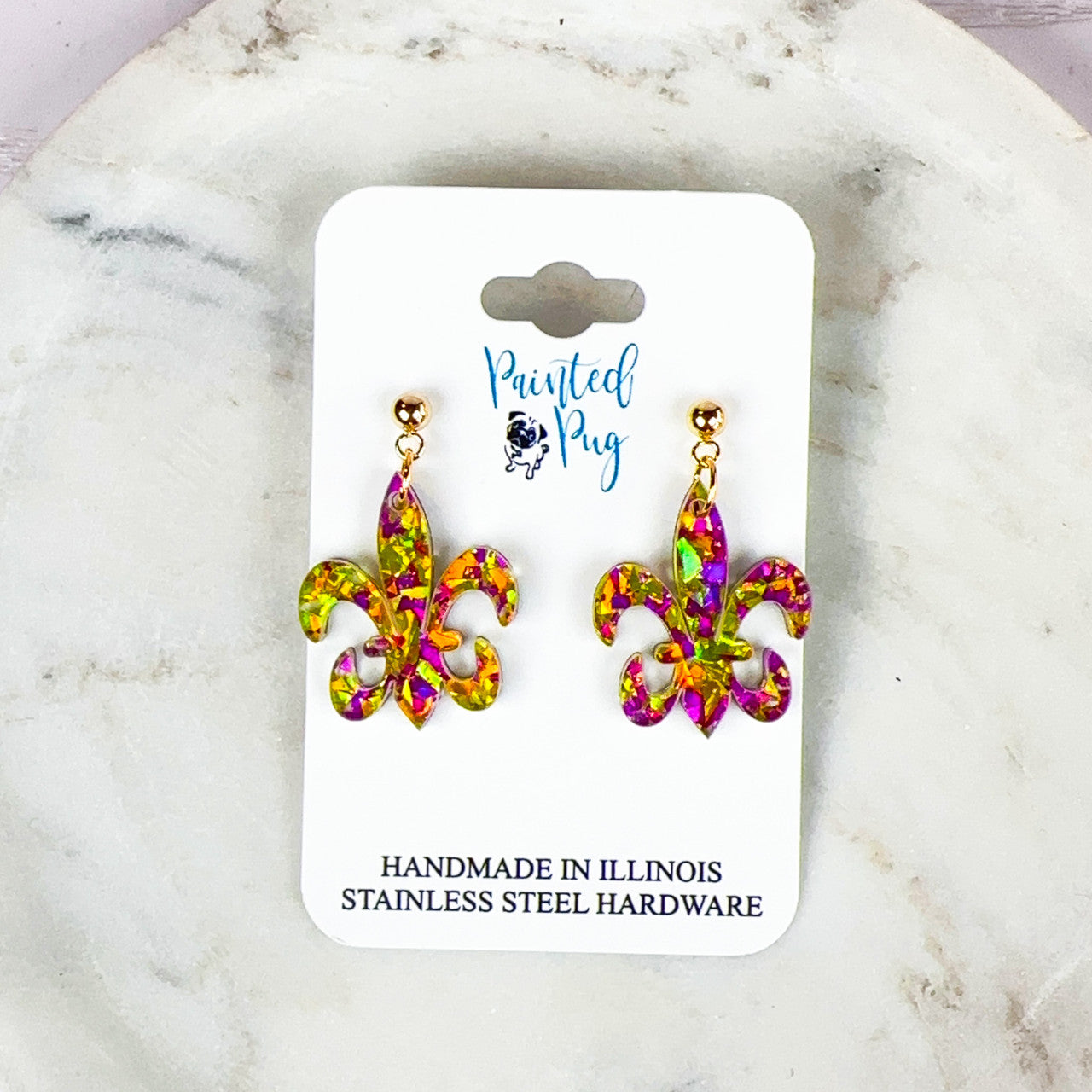 Glitter Purple & Gold Acrylic Mardi Gras Fleur de Lis Earrings - Handmade, Stainless Steel Posts