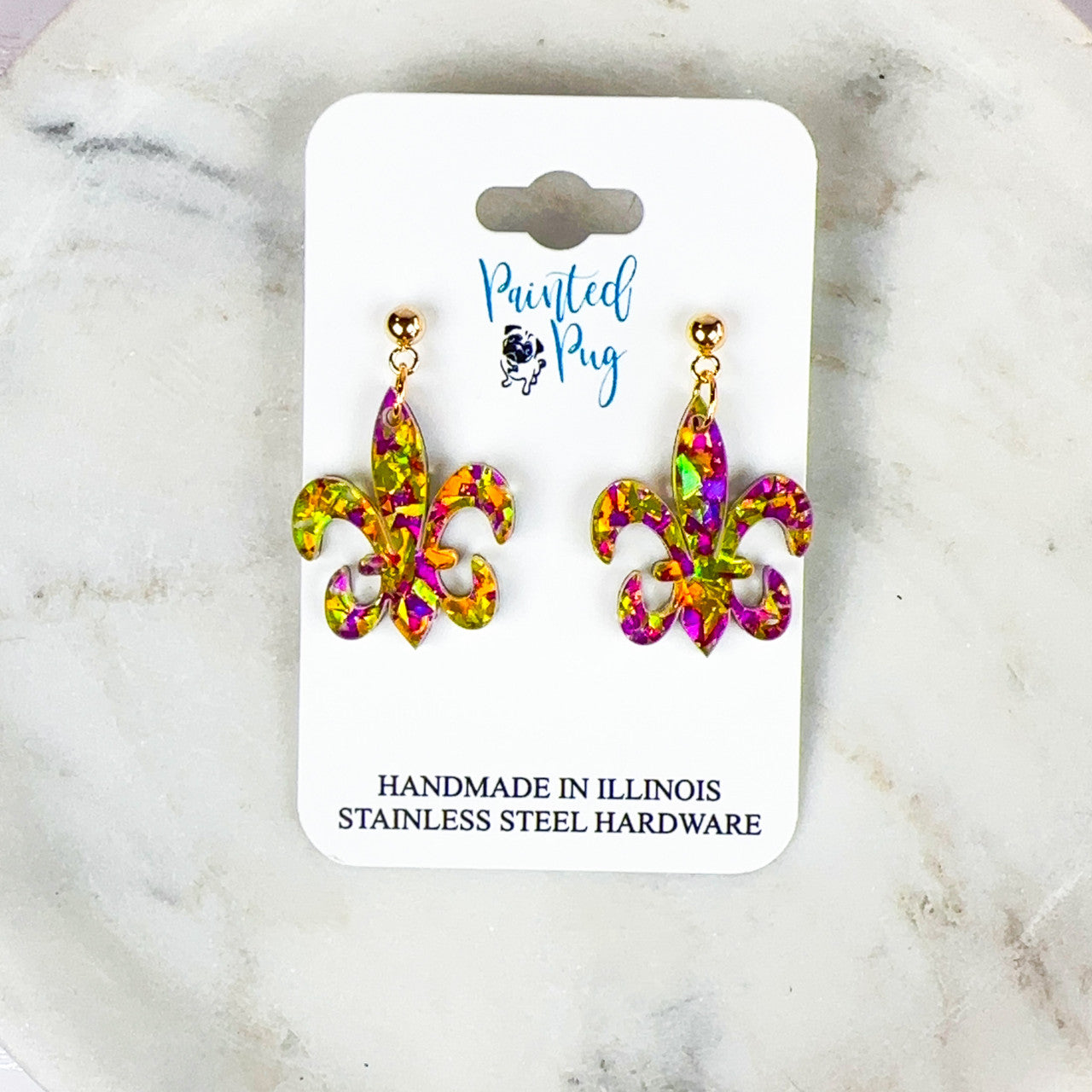 Glitter Purple & Gold Acrylic Mardi Gras Fleur de Lis Earrings - Handmade, Stainless Steel Posts