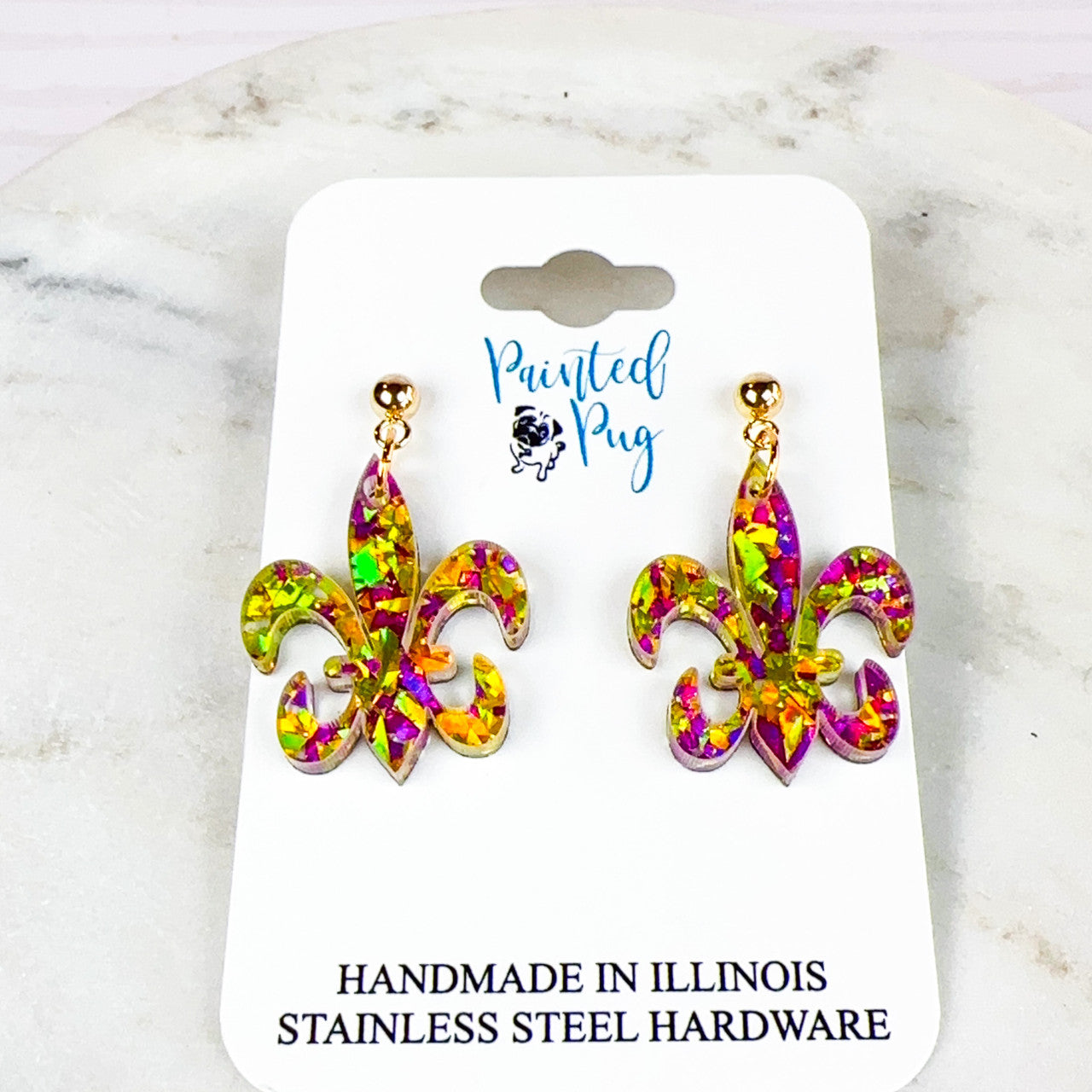 Glitter Purple & Gold Acrylic Mardi Gras Fleur de Lis Earrings - Handmade, Stainless Steel Posts