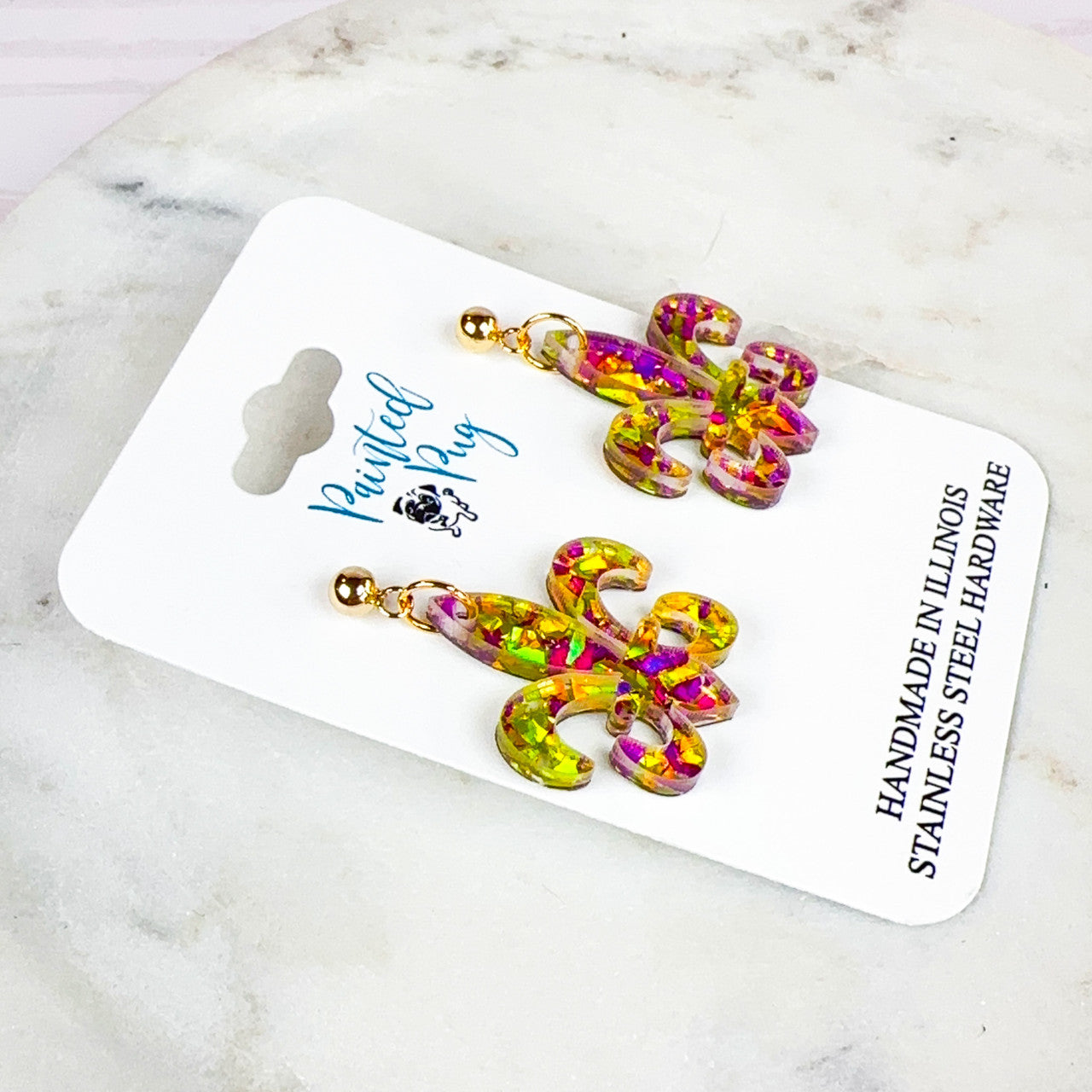 Glitter Purple & Gold Acrylic Mardi Gras Fleur de Lis Earrings - Handmade, Stainless Steel Posts