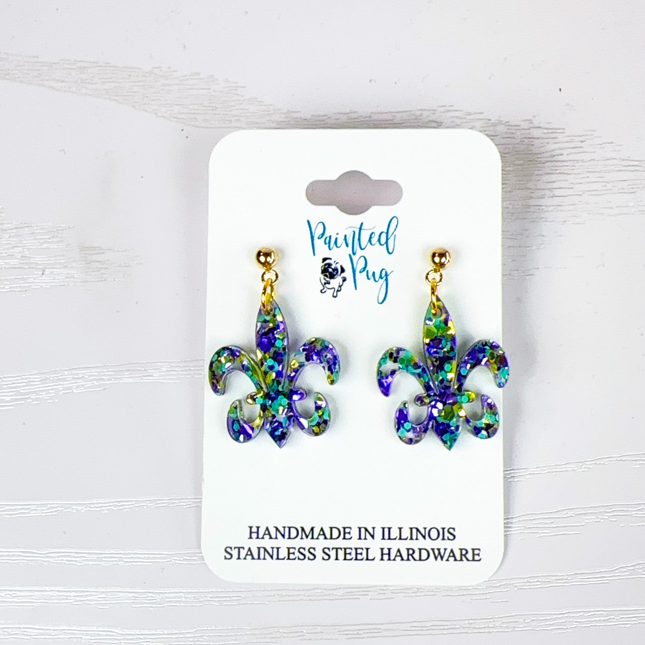 Glitter Purple & Green Acrylic Mardi Gras Fleur de Lis Earrings - Handmade, Stainless Steel Posts