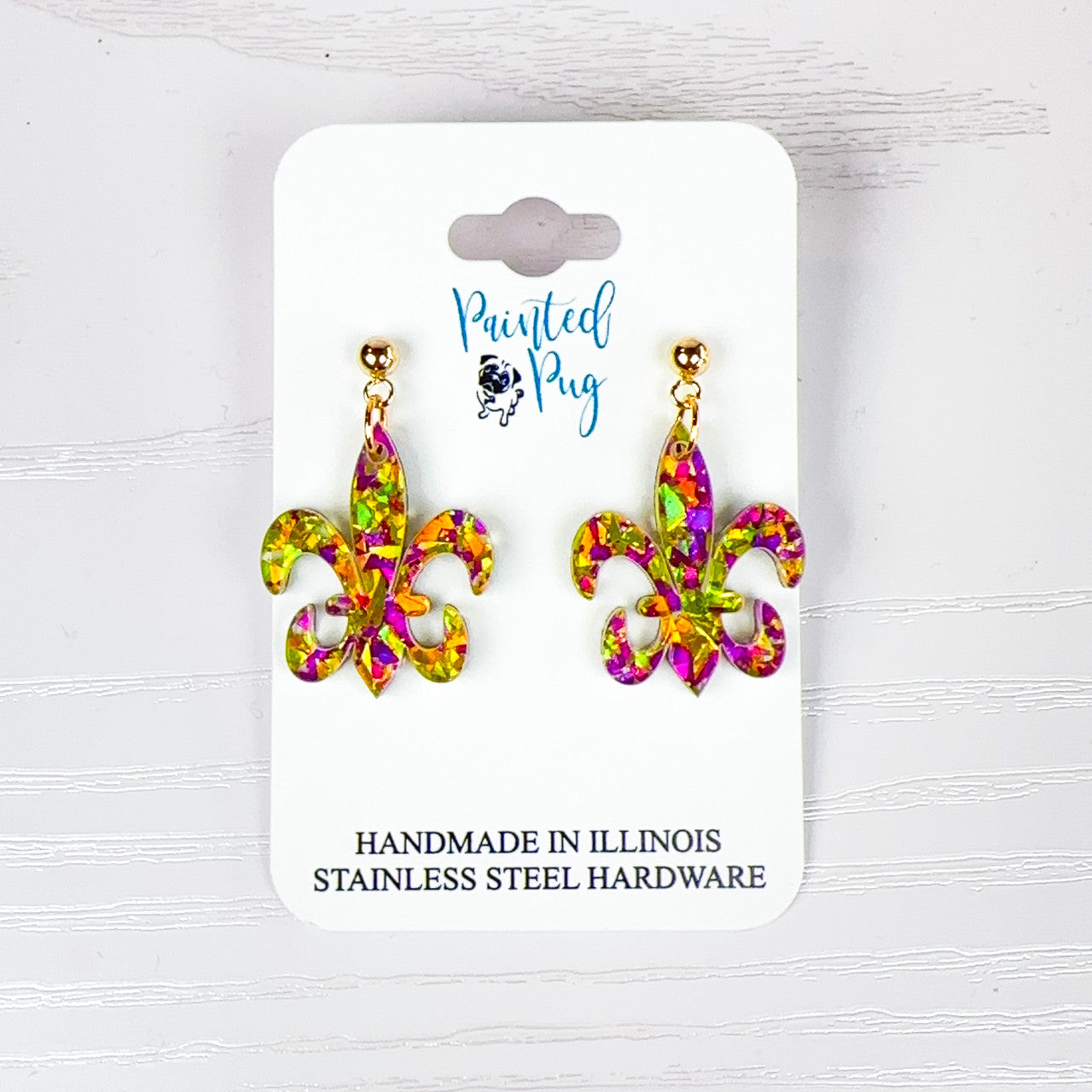 Glitter Purple & Gold Acrylic Mardi Gras Fleur de Lis Earrings - Handmade, Stainless Steel Posts