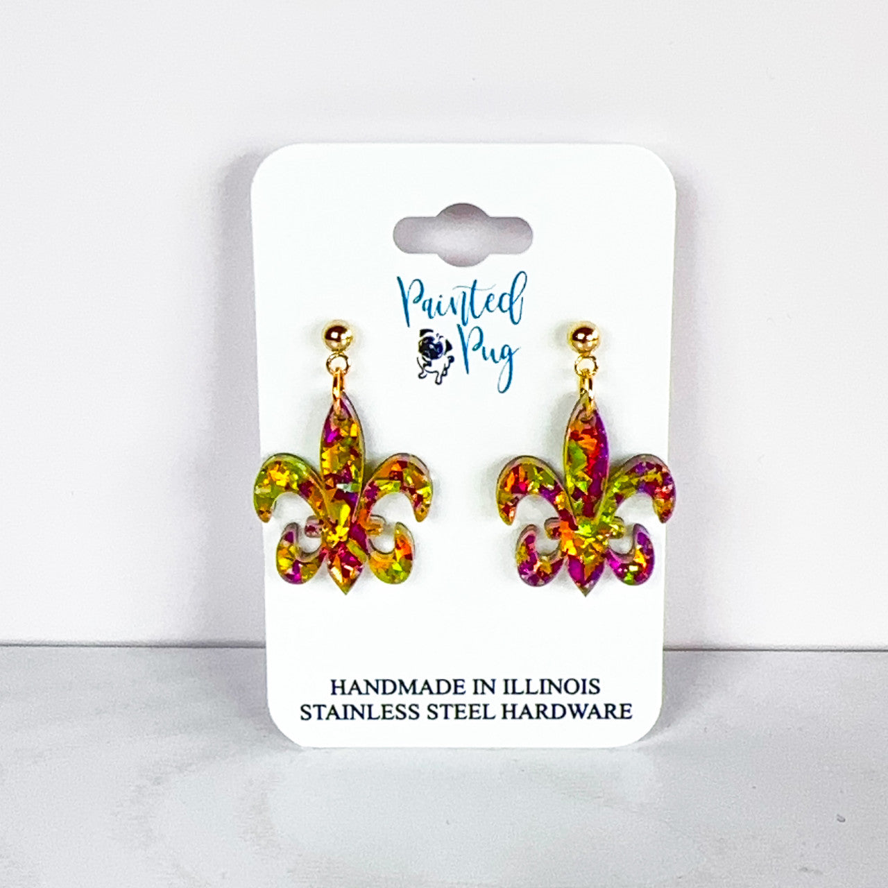 Glitter Purple & Gold Acrylic Mardi Gras Fleur de Lis Earrings - Handmade, Stainless Steel Posts
