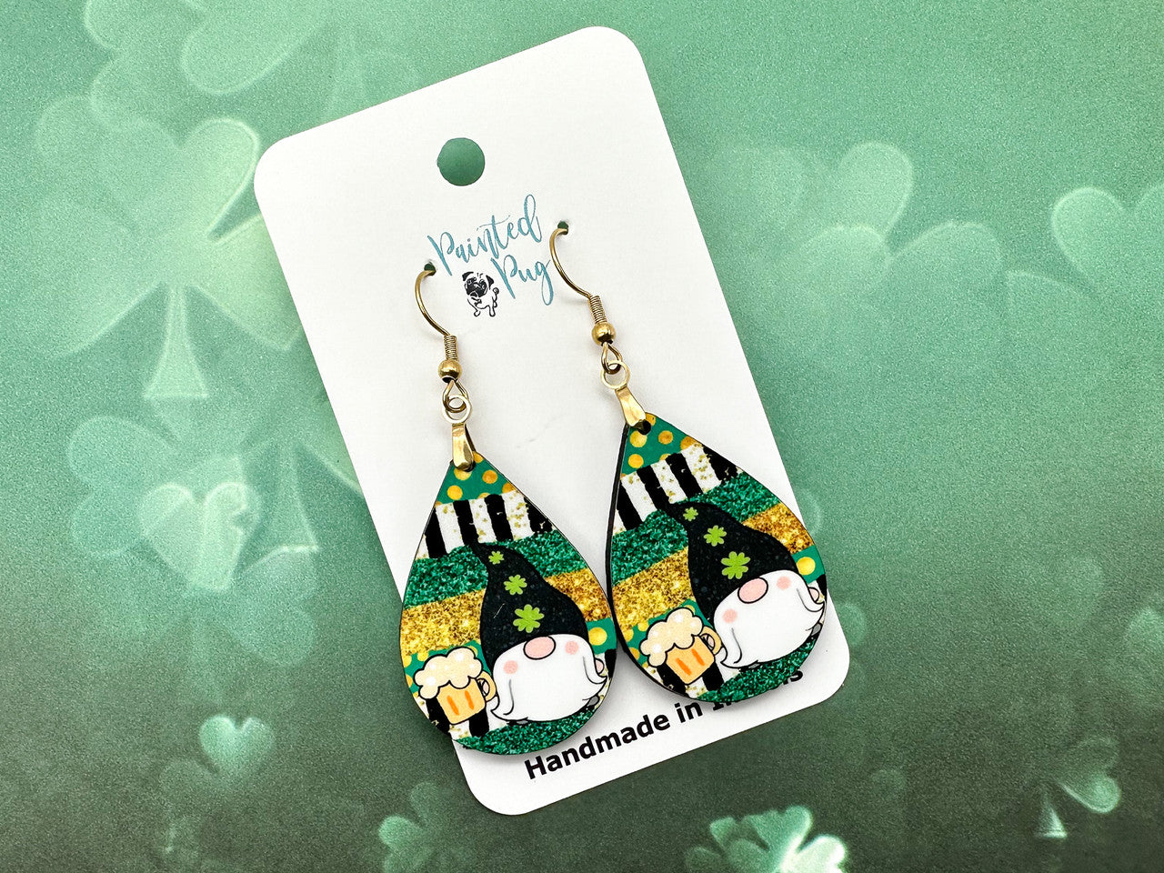 St Patrick's Day Gnome Beer Teardrop Dangle Earrings