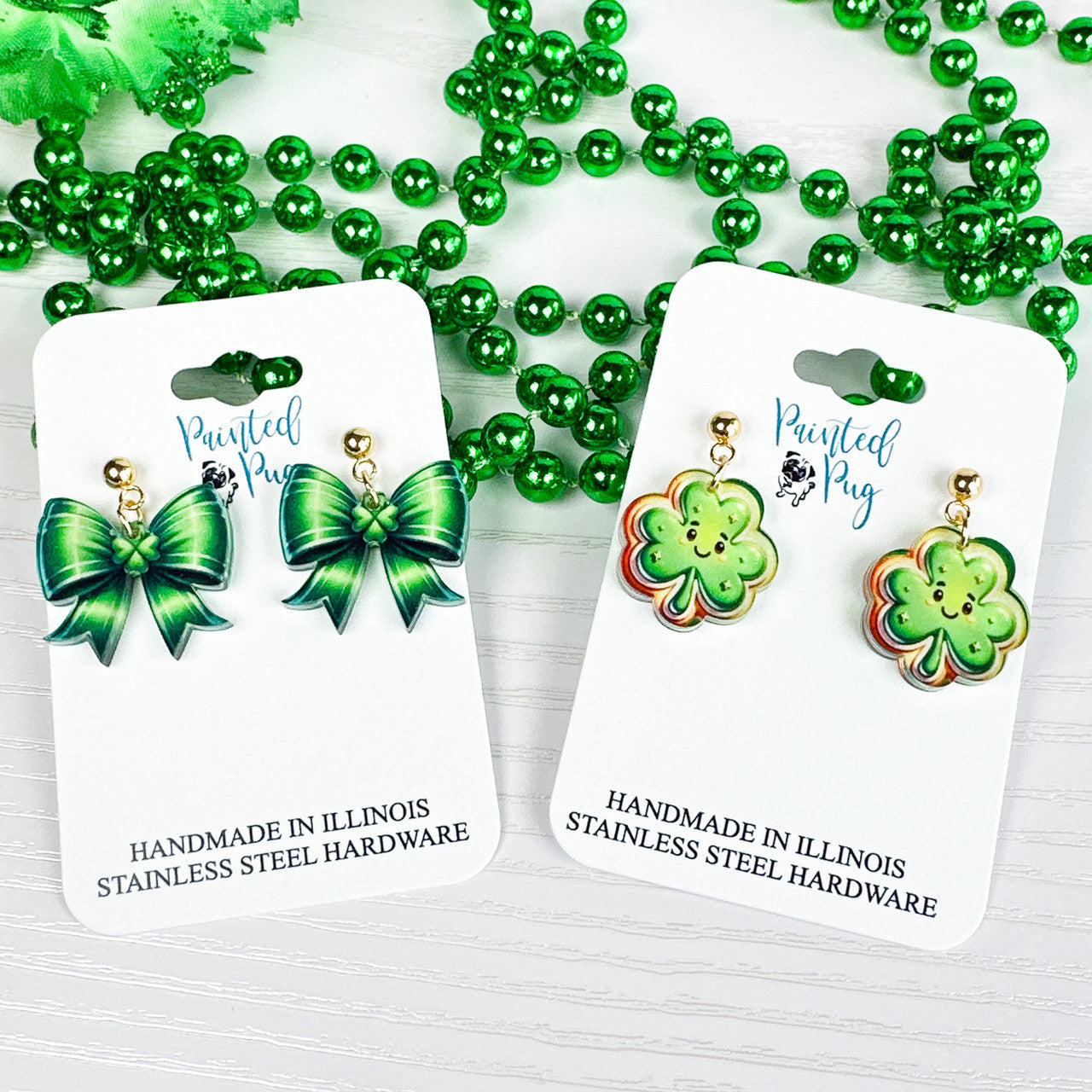 Green Bow St. Patrick’s Day Earrings – Acrylic Dangle Jewelry