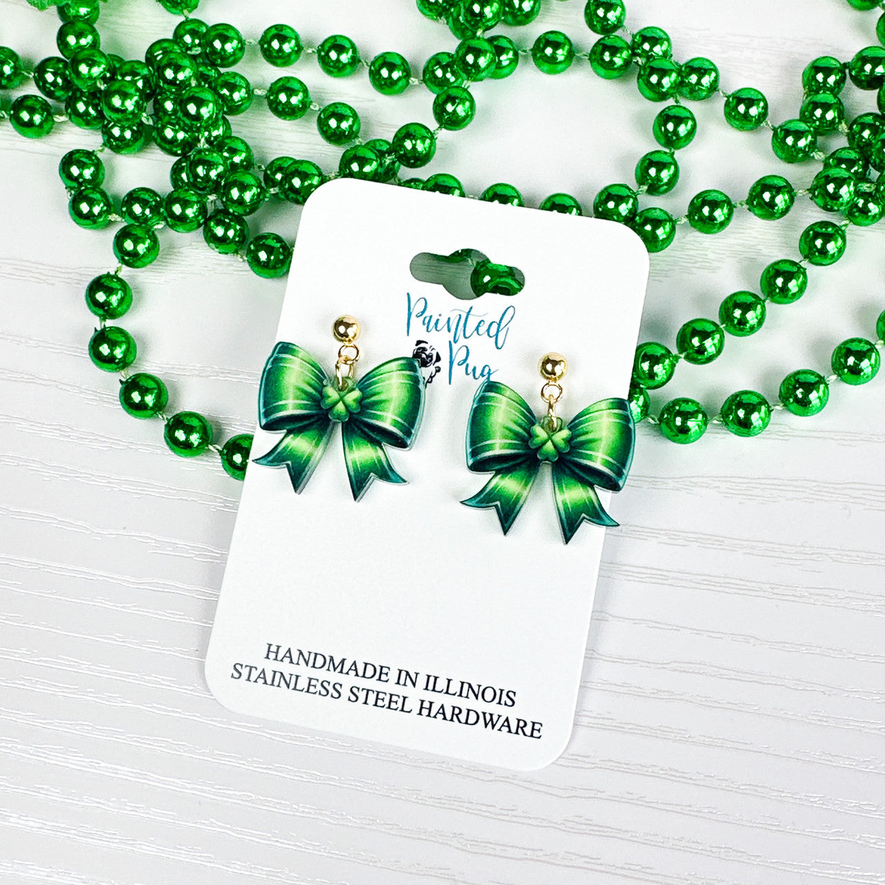 Green Bow St. Patrick’s Day Earrings – Acrylic Dangle Jewelry