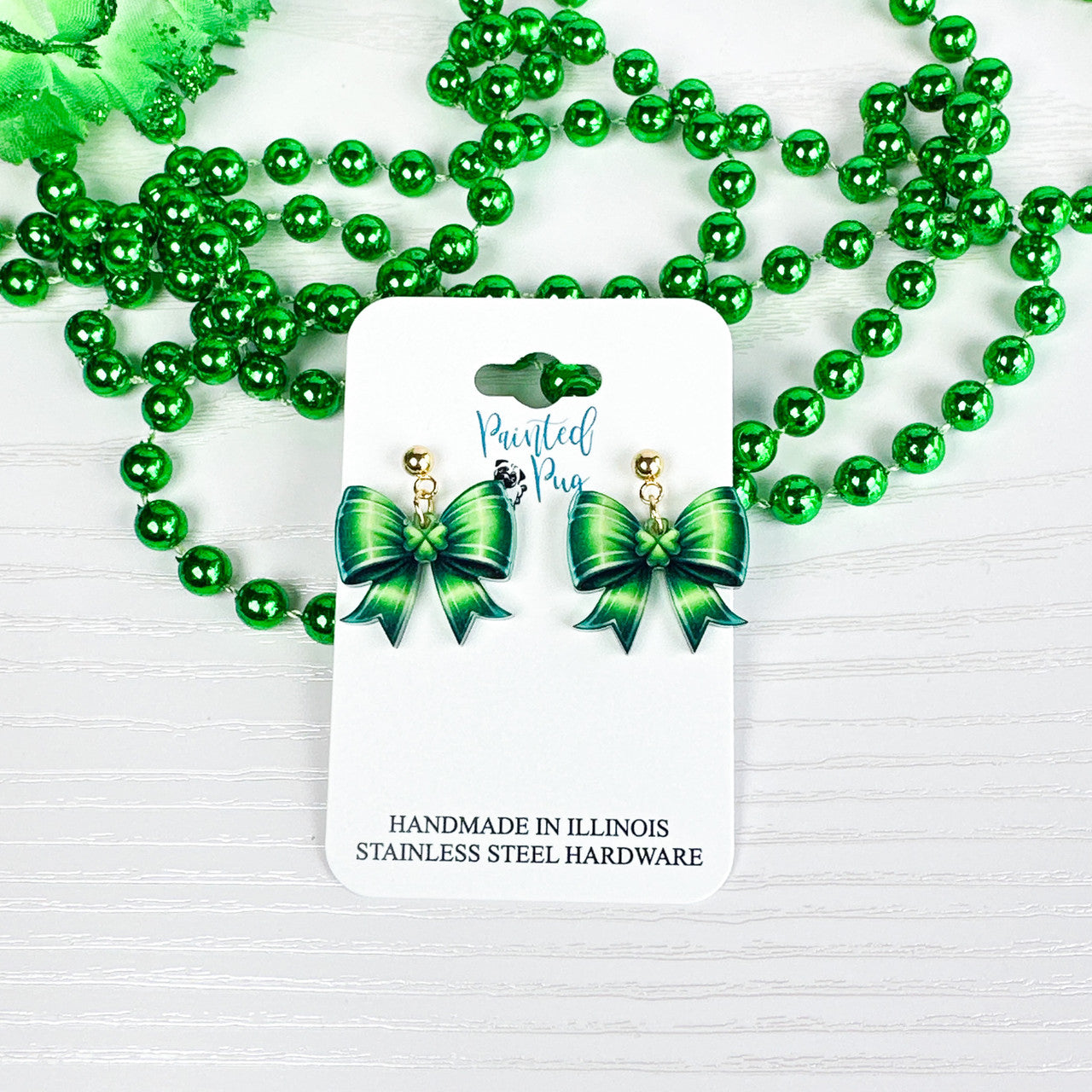 Green Bow St. Patrick’s Day Earrings – Acrylic Dangle Jewelry