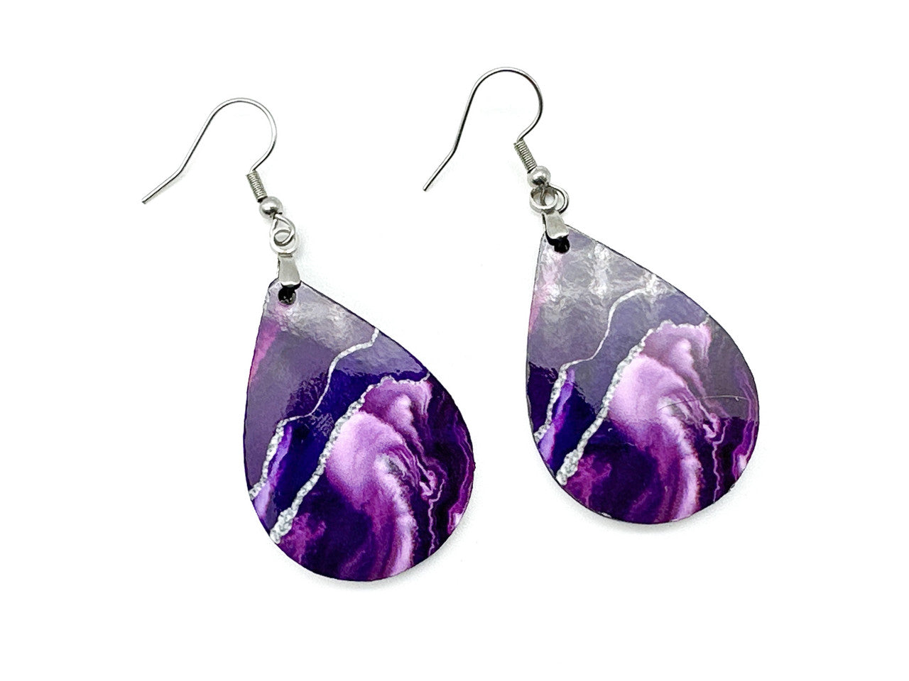 Purple & Silver Teardrop Earrings – Handmade Marbled Statement Earrings