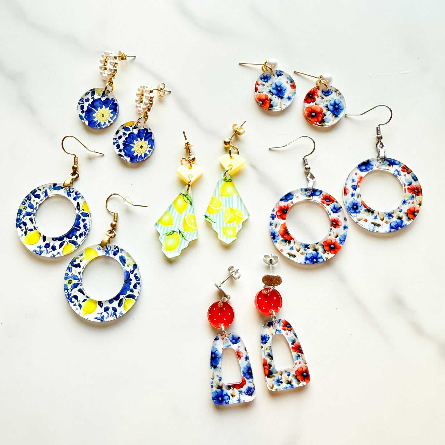 Blue Floral Tile Pearl Hoop Dangle Earrings